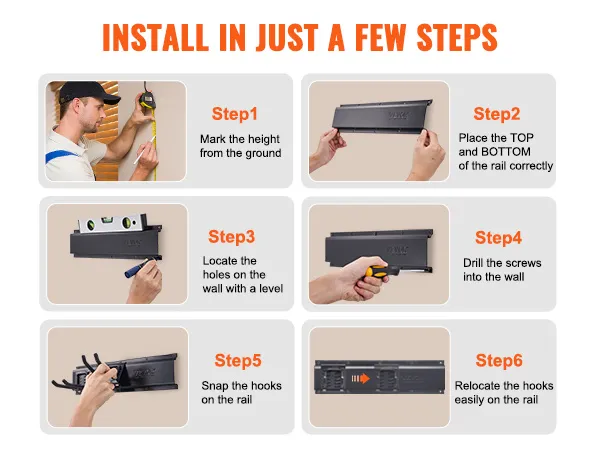 VEVOR garage tool organizer installation guide with six steps: mark height, place rail, level, drill, snap hooks, relocate.