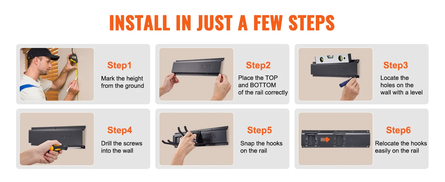 VEVOR garage tool organizer installation guide with six steps: mark height, place rail, level, drill, snap hooks, relocate.