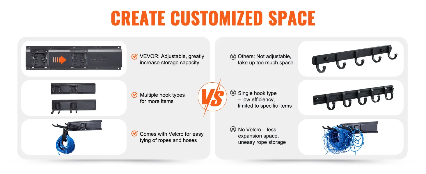 comparison chart showing advantages of VEVOR garage tool organizer vs. other storage systems.