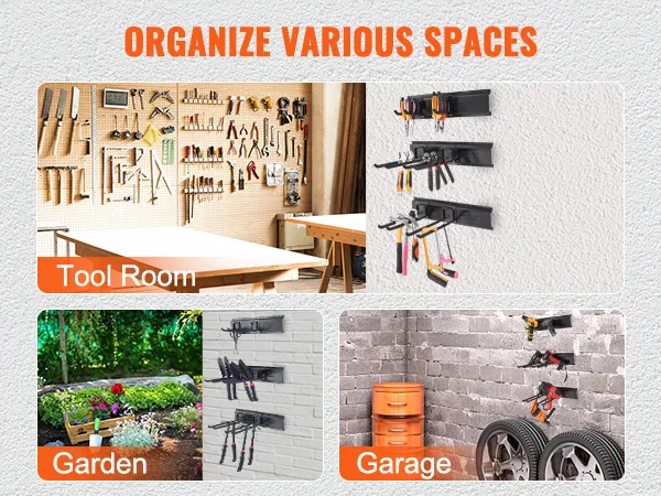 VEVOR garage tool organizer demonstrating versatile use in a garden, garage, and tool room.