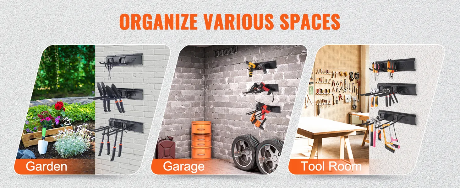 VEVOR garage tool organizer demonstrating versatile use in a garden, garage, and tool room.
