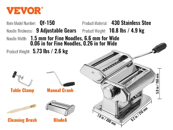 VEVOR pasta maker with 9 adjustable gears, manual crank, table clamp, additional blade, and cleaning brush.