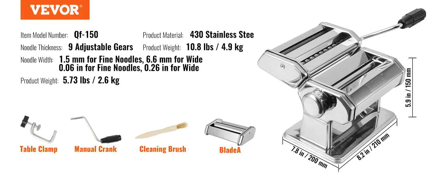 VEVOR pasta maker with 9 adjustable gears, manual crank, table clamp, additional blade, and cleaning brush.