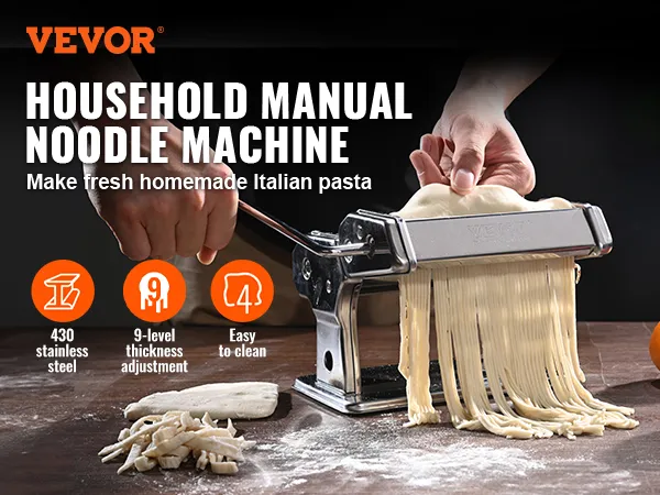 VEVOR pasta maker in use, making fresh noodles on a wooden table with fruits in the background.