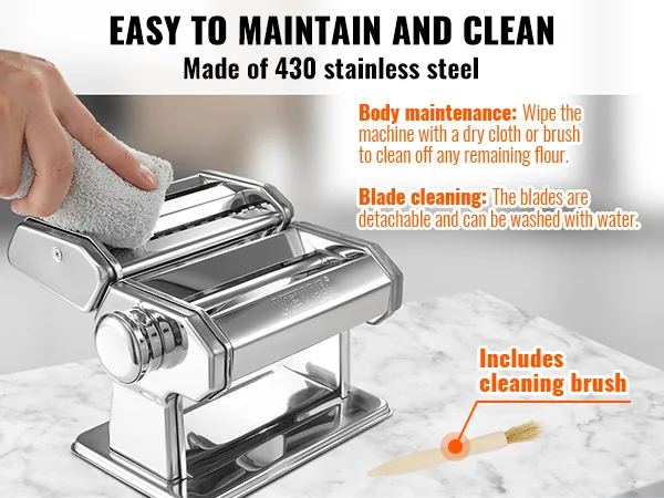 VEVOR pasta maker made of 430 stainless steel, easy to maintain and clean with an included brush.
