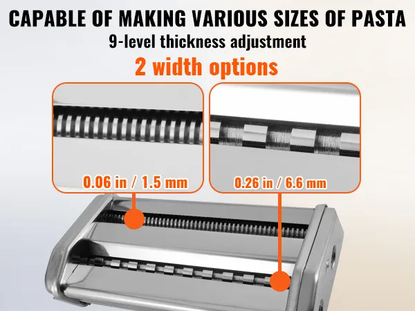VEVOR pasta maker with 9-level thickness adjustment, 2 width options, 0.01-0.1 in (0.3-3mm).
