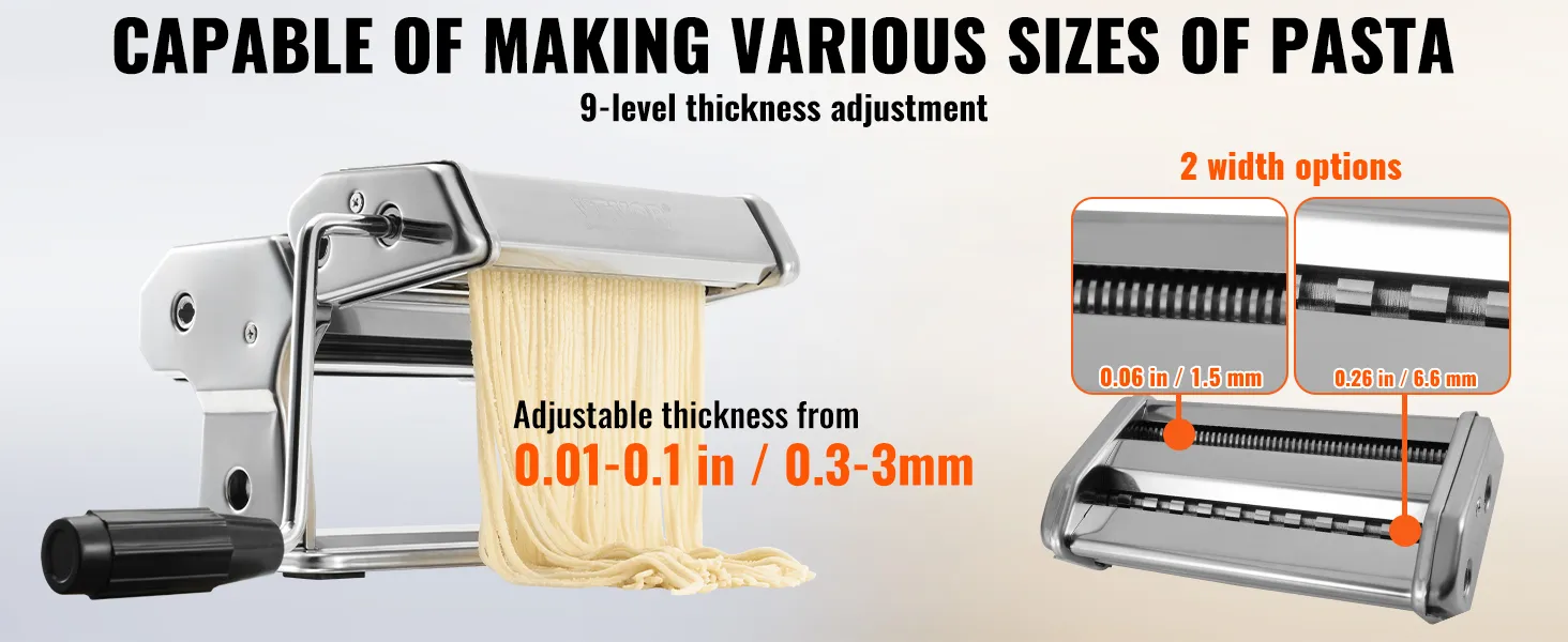 VEVOR pasta maker with 9-level thickness adjustment, 2 width options, 0.01-0.1 in (0.3-3mm).