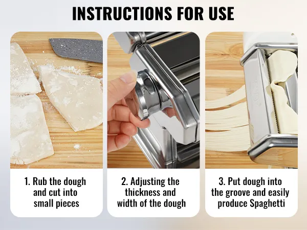 VEVOR pasta maker instructions: rub and cut dough, adjust thickness, and produce spaghetti easily.