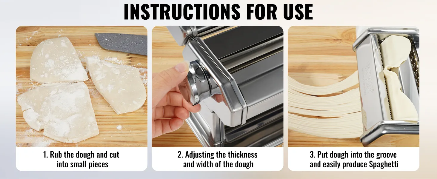 VEVOR pasta maker instructions: rub and cut dough, adjust thickness, and produce spaghetti easily.