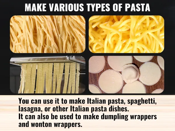 hands using a VEVOR pasta maker to create various types of pasta on a wooden kitchen surface.