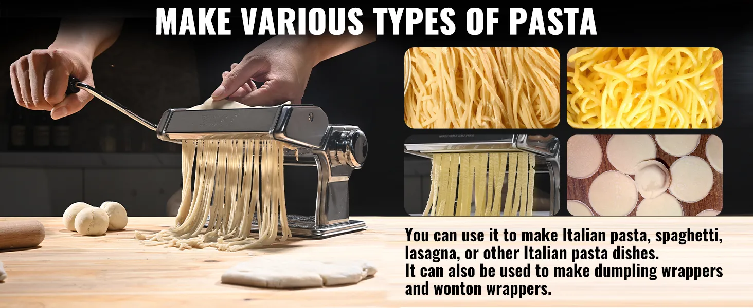 hands using a VEVOR pasta maker to create various types of pasta on a wooden kitchen surface.