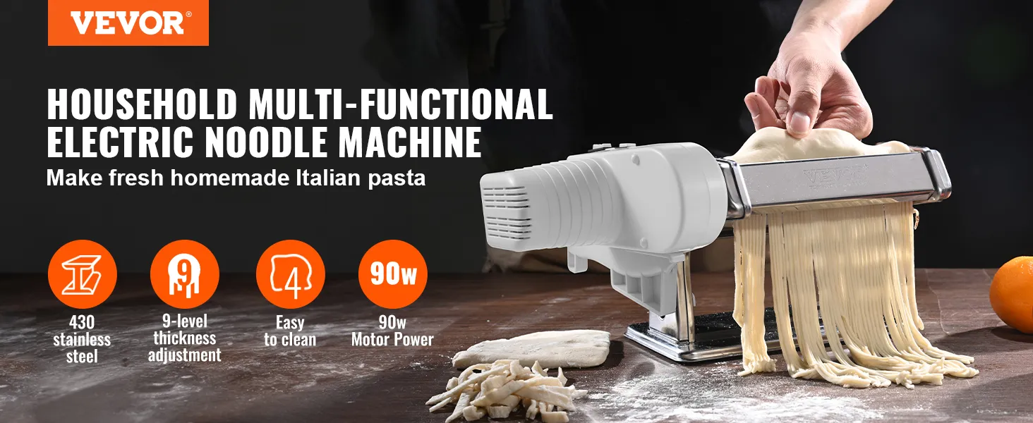 Máquina para hacer pasta eléctrica VEVOR en uso, creando fideos caseros frescos sobre una superficie de madera.