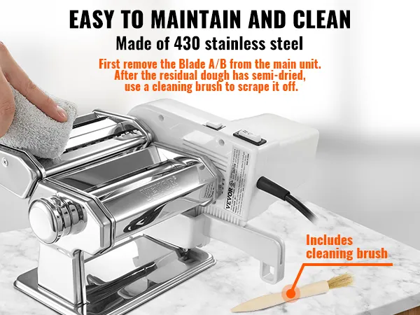 Máquina para hacer pasta eléctrica VEVOR con diseño en acero inoxidable, fácil de limpiar, incluye cepillo de limpieza.