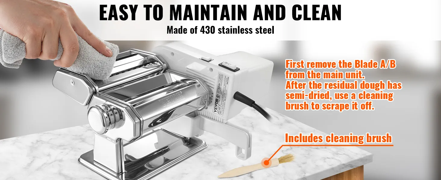 Máquina para hacer pasta eléctrica VEVOR con diseño en acero inoxidable, fácil de limpiar, incluye cepillo de limpieza.