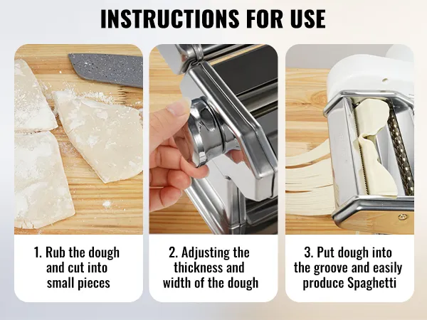 Instrucciones de la máquina para hacer pasta eléctrica VEVOR: frotar y cortar la masa, ajustar el grosor, producir espaguetis.