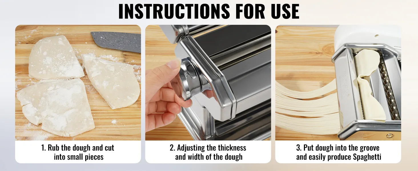 Instrucciones de la máquina para hacer pasta eléctrica VEVOR: frotar y cortar la masa, ajustar el grosor, producir espaguetis.