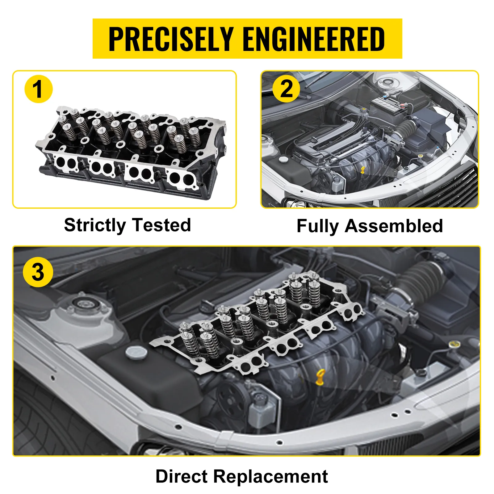 VEVOR cylinder head assembly: strictly tested, fully assembled, direct replacement.