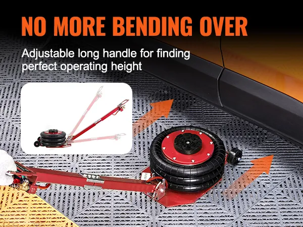 VEVOR air jack with adjustable long handle sat beneath a car, eliminating bending over.