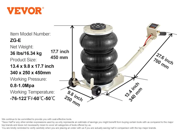 VEVOR triple bag air jack with specs: 13.4"x9.8"x17.7", 36 lbs, 0.8-1.0mpa, -76-122°f, model zg-e.