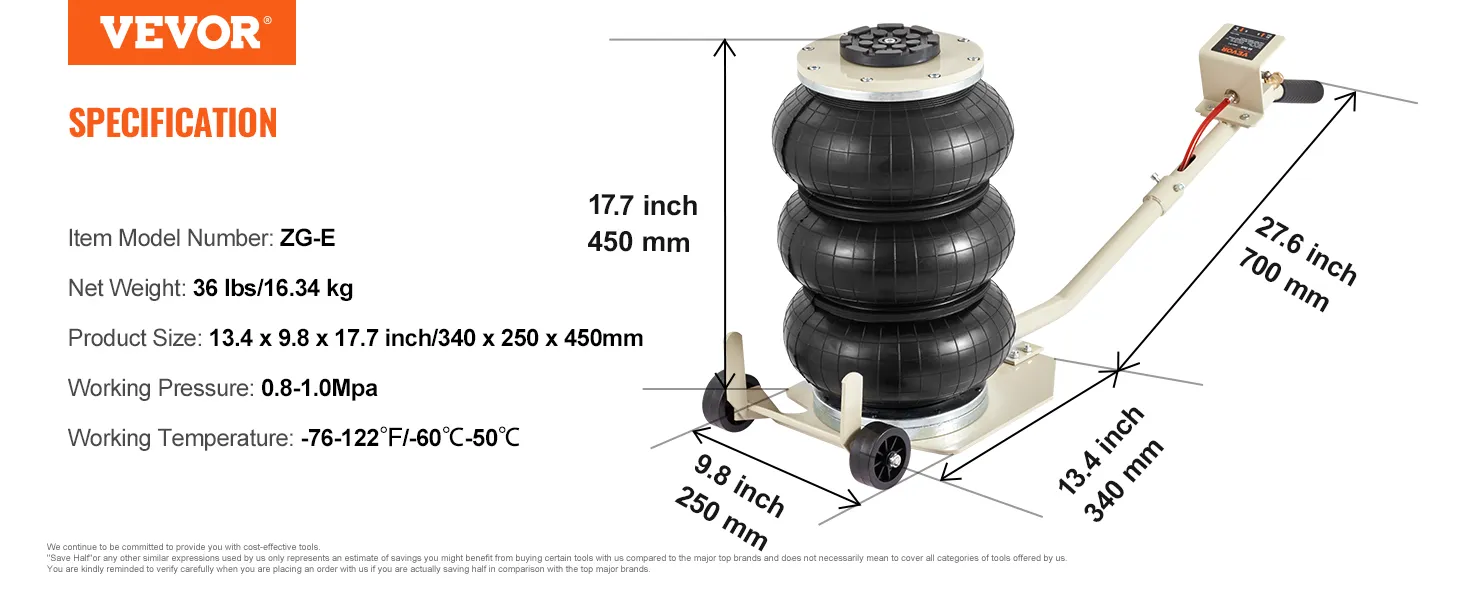 VEVOR triple bag air jack with specs: 13.4"x9.8"x17.7", 36 lbs, 0.8-1.0mpa, -76-122°f, model zg-e.