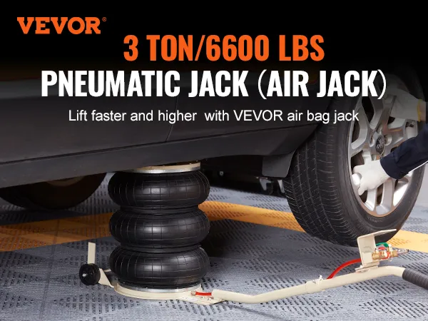 VEVOR 3-ton pneumatic air jack lifting a car for tire change in a garage.