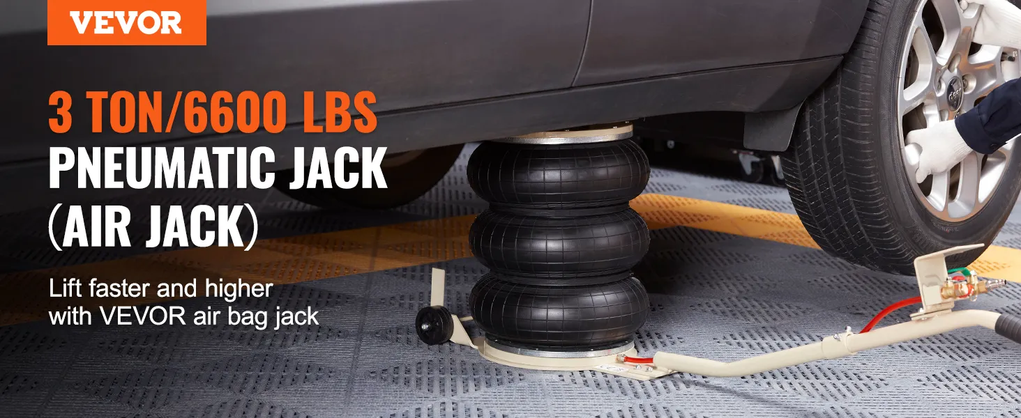 VEVOR 3-ton pneumatic air jack lifting a car for tire change in a garage.