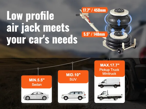 VEVOR triple bag air jack for sedans, suvs, and trucks. range: 5.5" to 17.7". low profile design.