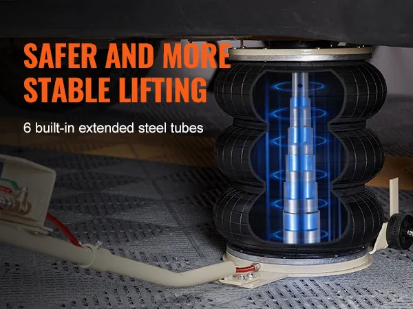 VEVOR triple bag air jack lifting a vehicle with built-in extended steel tubes for stability.