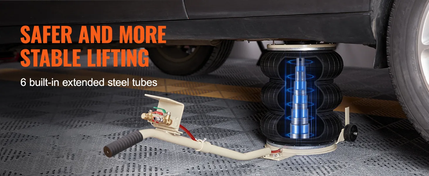 VEVOR triple bag air jack lifting a vehicle with built-in extended steel tubes for stability.