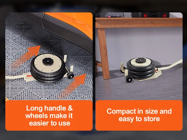 VEVOR triple bag air jack with long handle and wheels for easy use, compact for storage.
