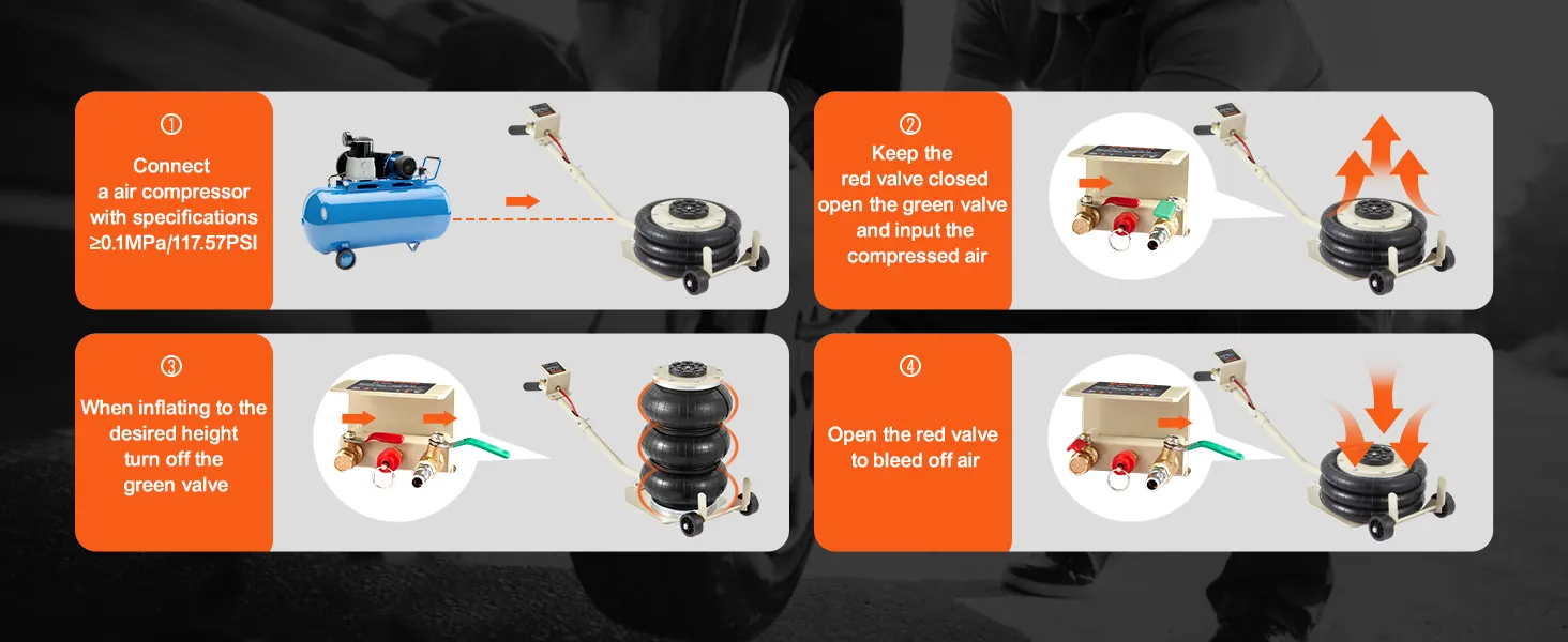 VEVOR triple bag air jack setup guide with air compressor connection and valve operation instructions.