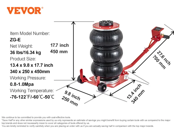 VEVOR air jack zg-e model with dimensions and specifications, including weight and working pressure.