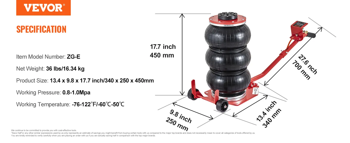 VEVOR air jack zg-e model with dimensions and specifications, including weight and working pressure.