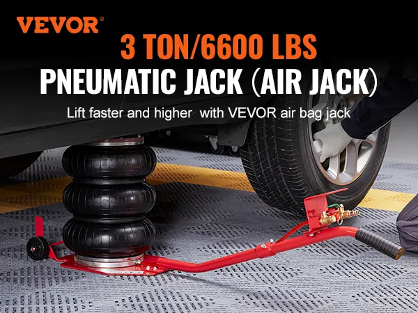VEVOR air jack lifting car with pneumatic airbag, 3-ton capacity shown on a workshop floor.