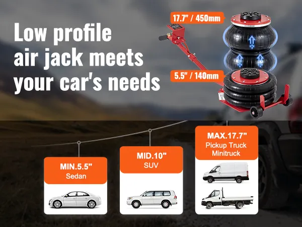 low-profile VEVOR air jack for sedans 5.5", suvs 10", and pickup trucks 17.7".