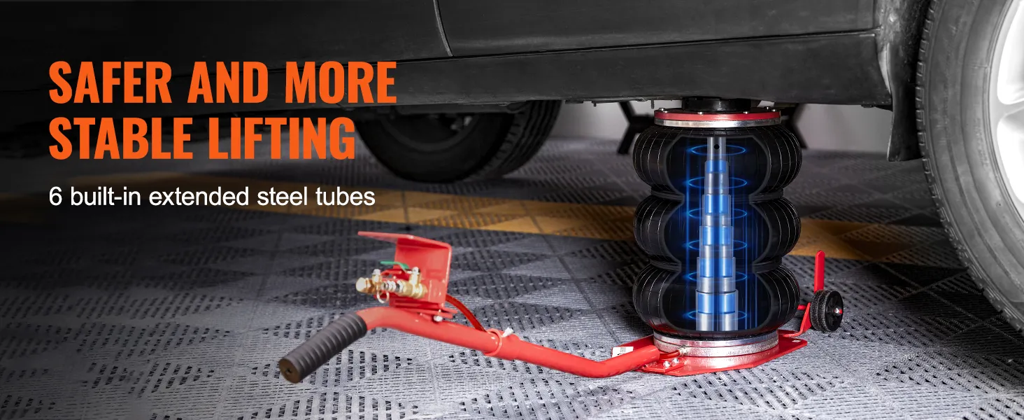 VEVOR air jack lifting car with 6 built-in extended steel tubes for safer and more stable lifting.
