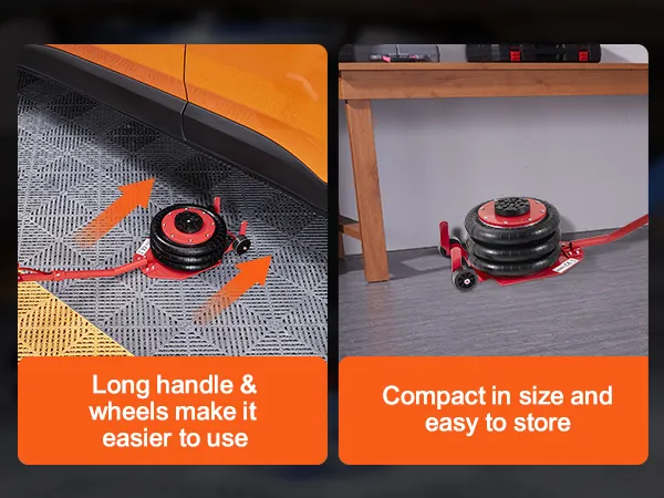 VEVOR air jack with long handle and wheels under car, compact storage next to workbench.
