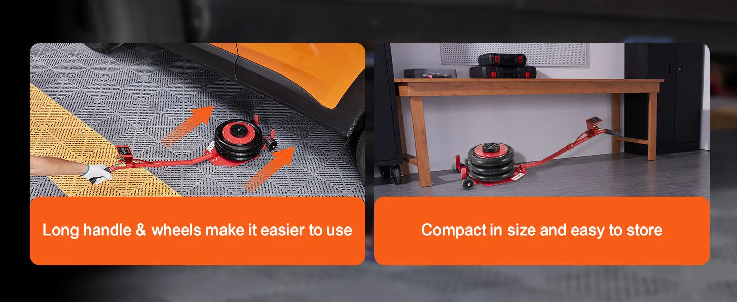 VEVOR air jack with long handle and wheels under car, compact storage next to workbench.