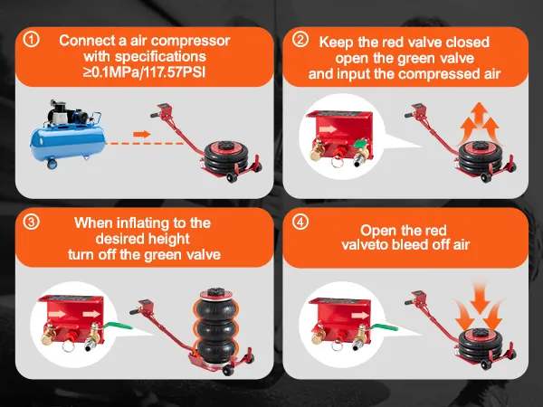 VEVOR air jack setup and operation guide with air compressor and valve instructions.