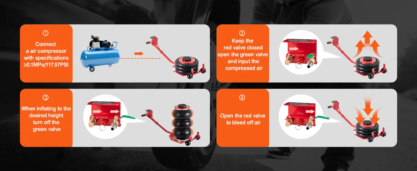 VEVOR air jack setup and operation guide with air compressor and valve instructions.