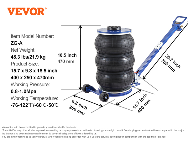 VEVOR Air Jack, 5 Ton/11000 lbs Triple Bag Air Jack, Airbag