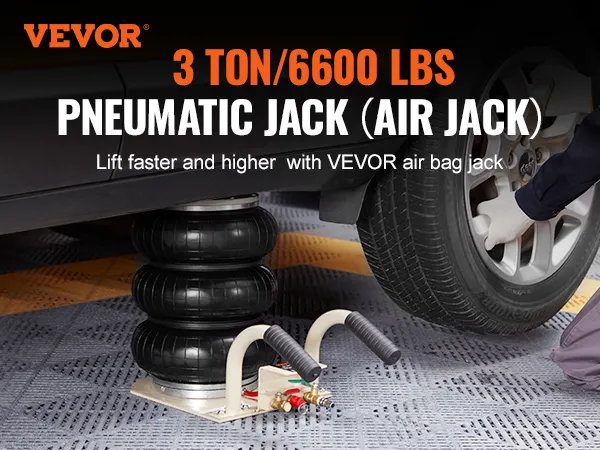 VEVOR air jack lifting car tire, showcasing 3 ton/6600 lbs pneumatic lifting capacity.