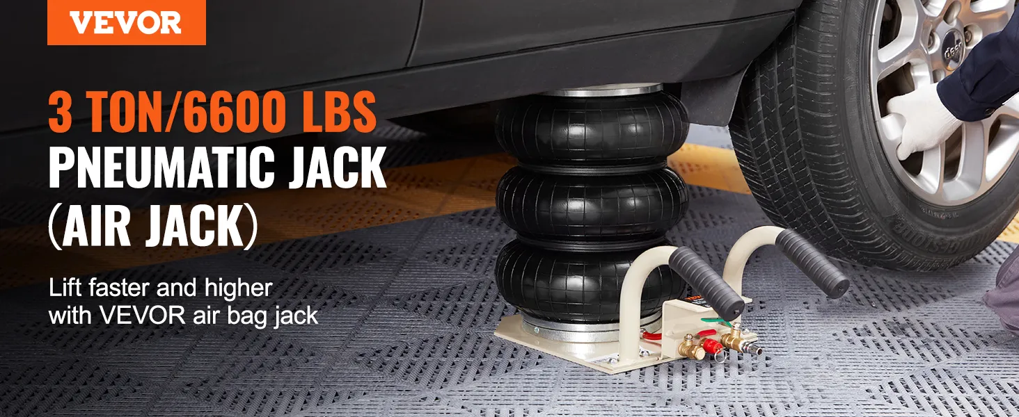 VEVOR air jack lifting car tire, showcasing 3 ton/6600 lbs pneumatic lifting capacity.