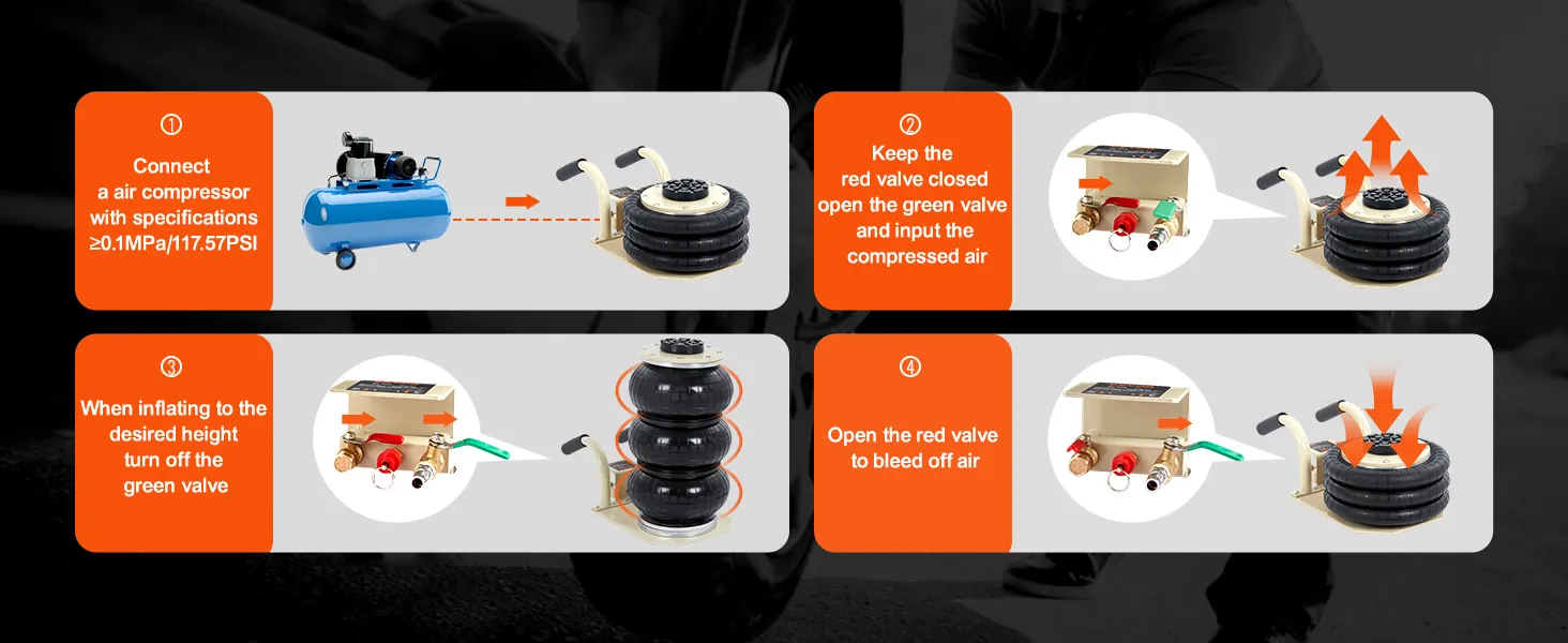 instructions for using the VEVOR air jack with air compressor and valve operation steps.