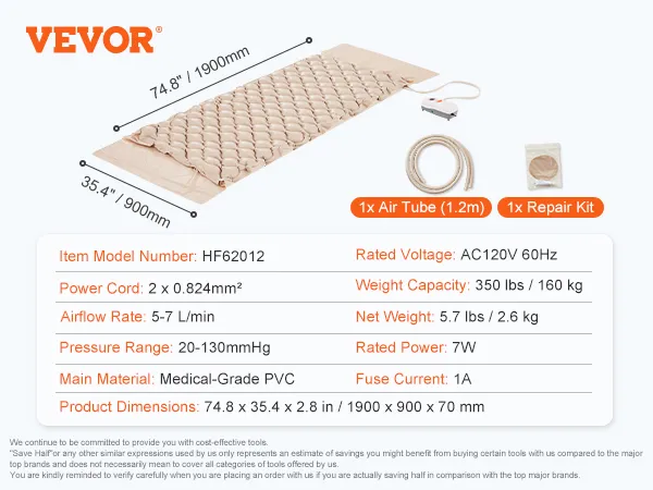 VEVOR air pressure mattress, medical-grade pvc, 74.8 x 35.4 inches, includes air tube and repair kit.