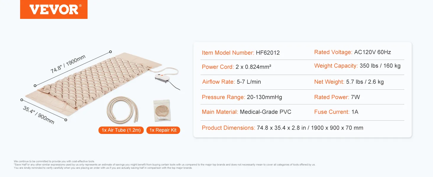 VEVOR air pressure mattress, medical-grade pvc, 74.8 x 35.4 inches, includes air tube and repair kit.