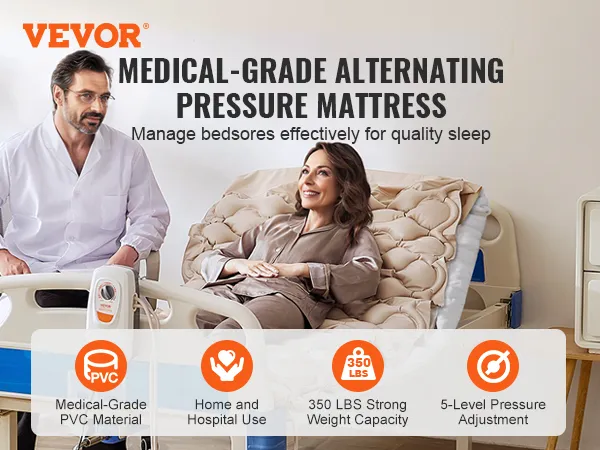 VEVOR air pressure mattress for bedsores, 5-level pressure, 350 lbs capacity, home and hospital use.