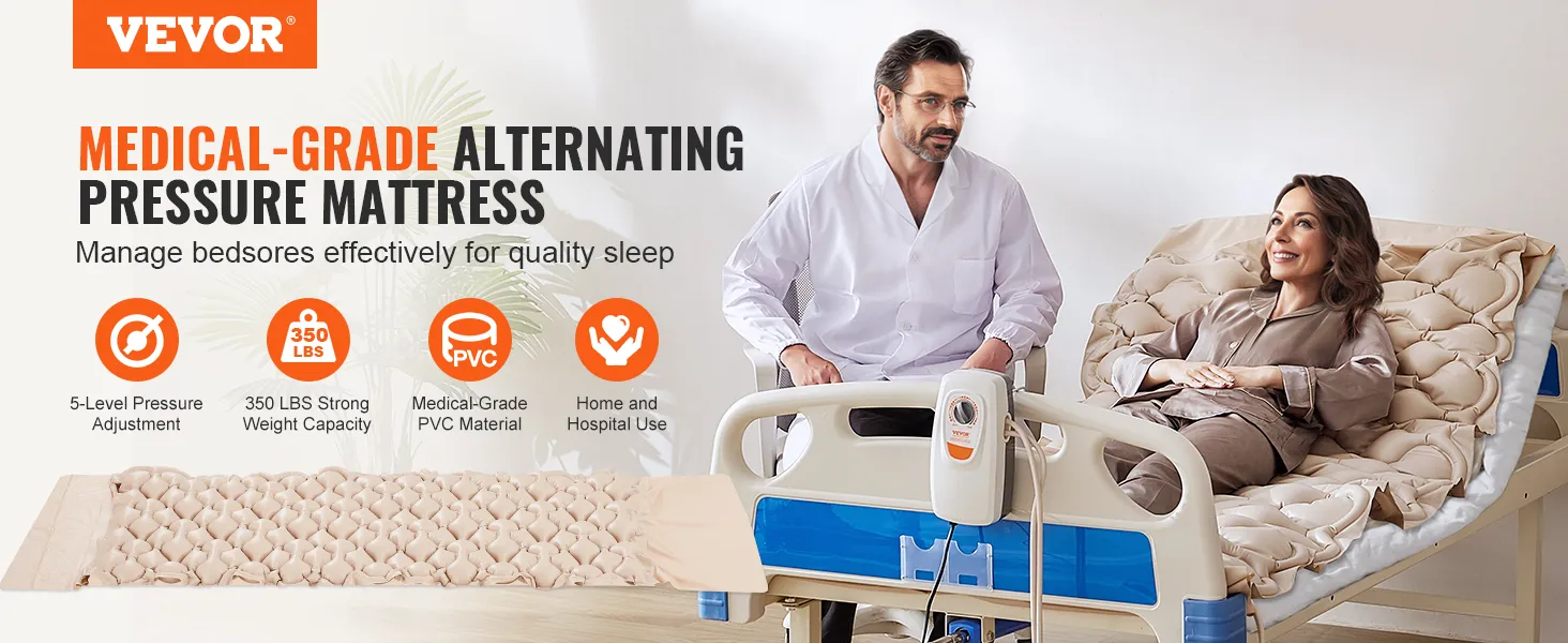VEVOR air pressure mattress for bedsores, 5-level pressure, 350 lbs capacity, home and hospital use.