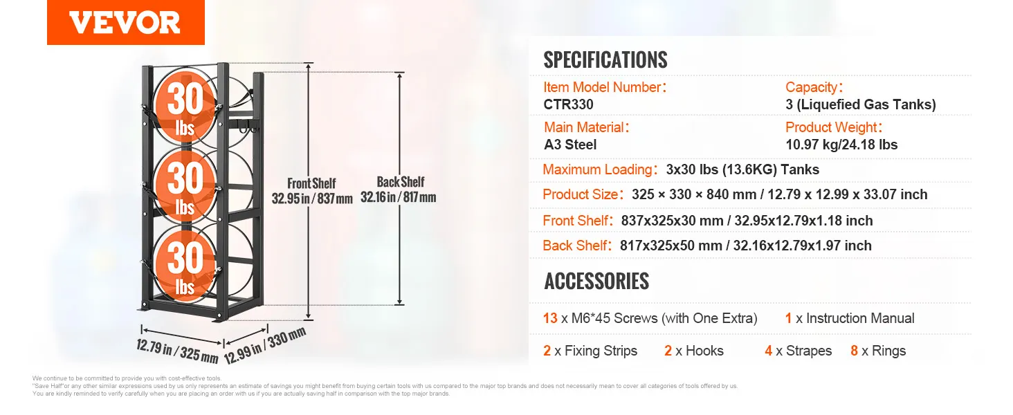 Rack per bombole di refrigerante VEVOR con capacità di 3x30 libbre, dimensioni e accessori elencati.