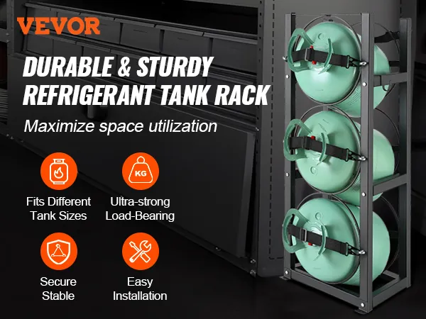 Supporto per bombole di refrigerante VEVOR contenente bombole verdi con testo che sottolinea la durevolezza e l'utilizzo dello spazio.
